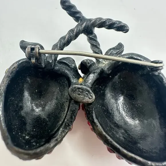 Weiss vintage black gunmetal red green rhinestones double strawberry brooch - Picture 7 of 8